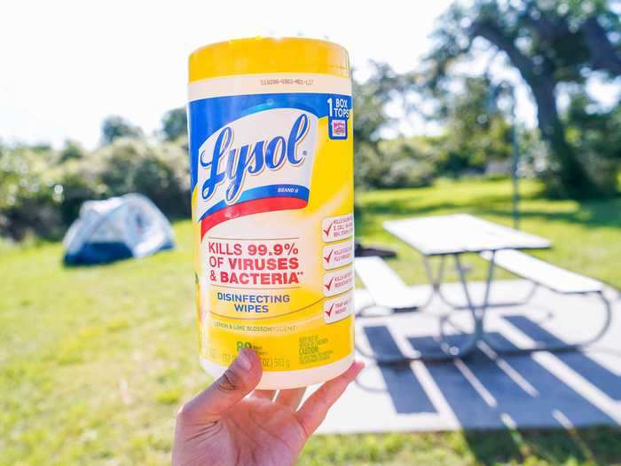 Looking back on it, I should have pulled out the anti-bacterial wipes before pitching the tent, but the second thing I did was disinfect all the surfaces that could have been recently touched by others, like the picnic table ...