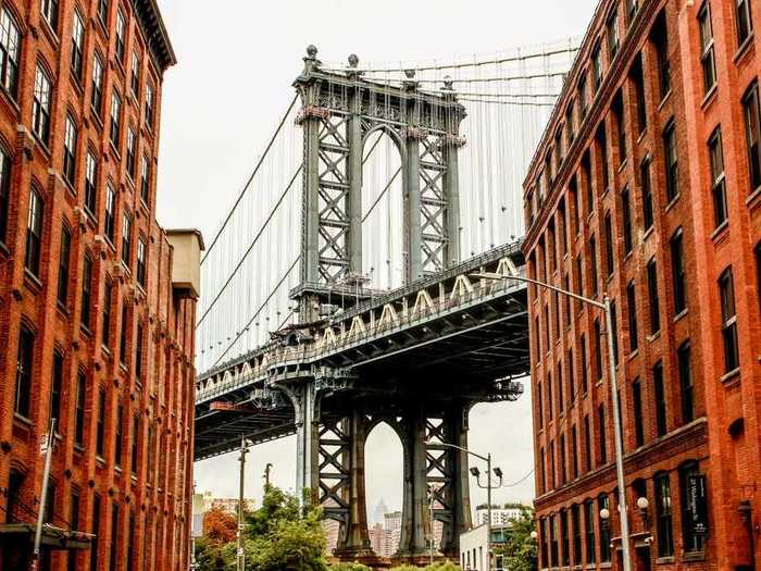 NEW YORK: Washington Street in Dumbo has cobblestone roads, converted warehouses, and views of the Manhattan Bridge.