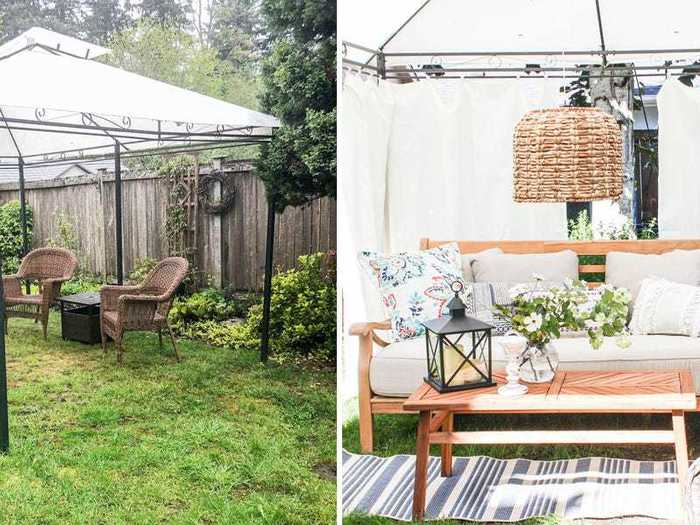 Curtains helped transform this tent into an outdoor living room.