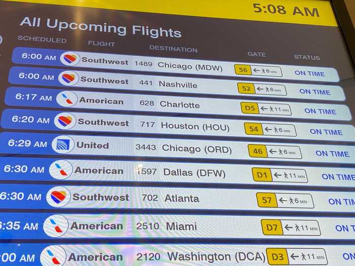 Departure signs are organized by departure time instead of destination and give the walking time to the gate, customized from each board.