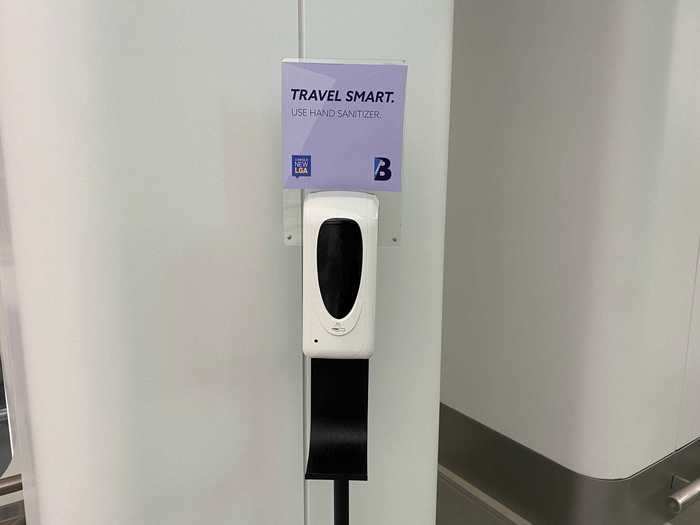 A key safety feature of the terminal was the placement of hand sanitizer dispensers across the building located near most touchpoints including the check-in kiosks and after security checkpoint.