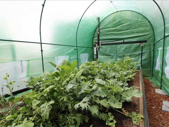 For places that get cold enough to end the growing season for part of the year, FarmBot recommends an inexpensive greenhouse setup.