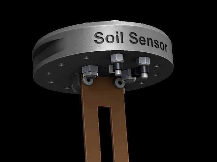 The soil sensor measures the moisture content of each plant