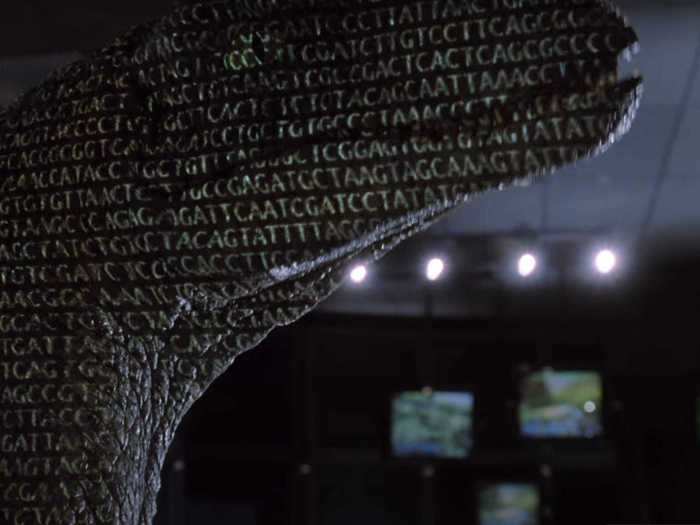The code that shines onto one of the velociraptors during the ceiling duct escape scene has major significance.