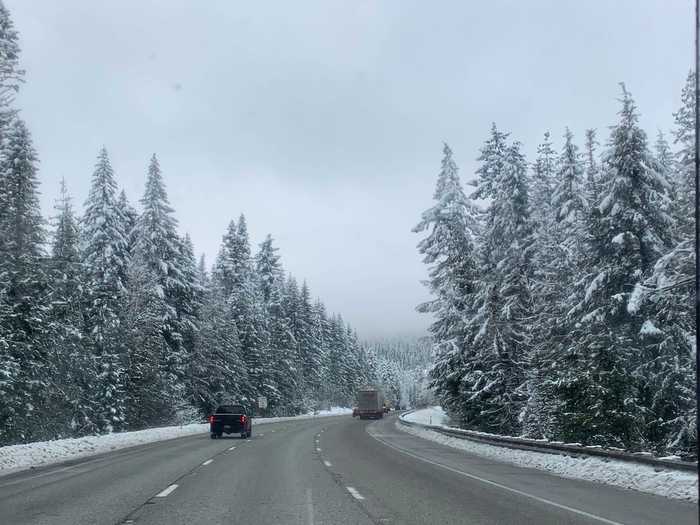 In Washington state, the interstate cuts through a forest of evergreens.