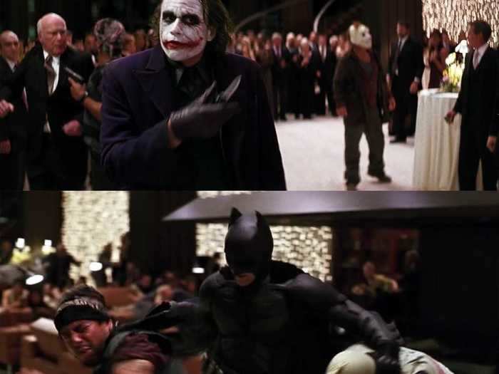 Batman somehow sneaks up on the Joker at his party without anyone in a crowded room noticing.