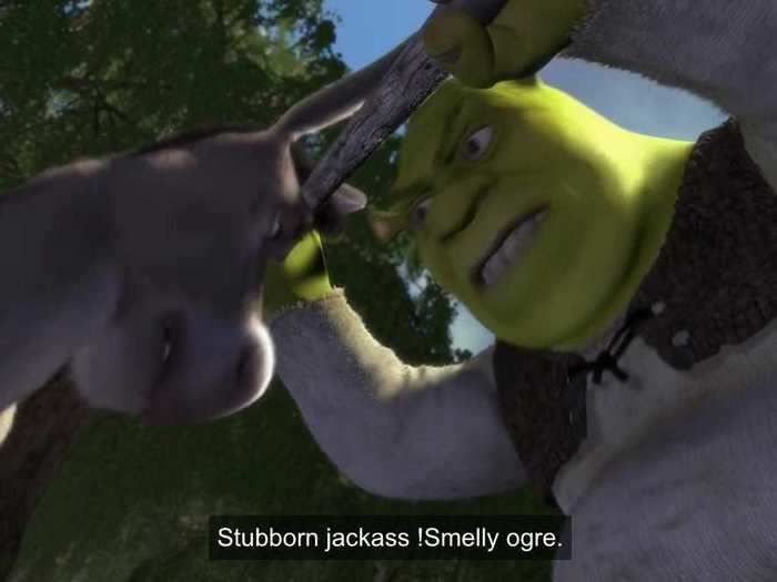 Shrek calls Donkey a jackass while they