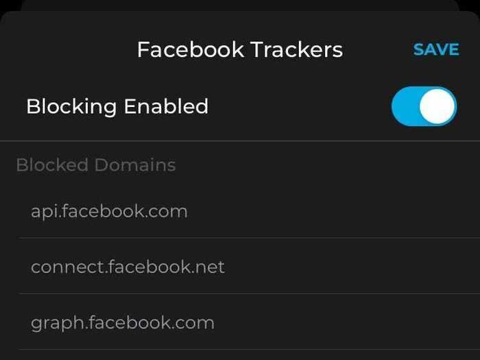 You can also take a look at the trackers that are currently being blocked within the app. As shown below, Facebook