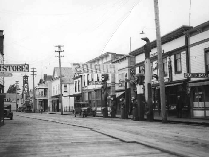 Wrangell, Alaska, pictured below in the early to mid-1900s, was discovered by the Tlingit tribe.