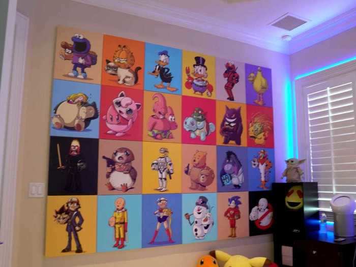 Nick called this wall one of his "most prized possessions." Also, note the Baby Yoda doll on the right.