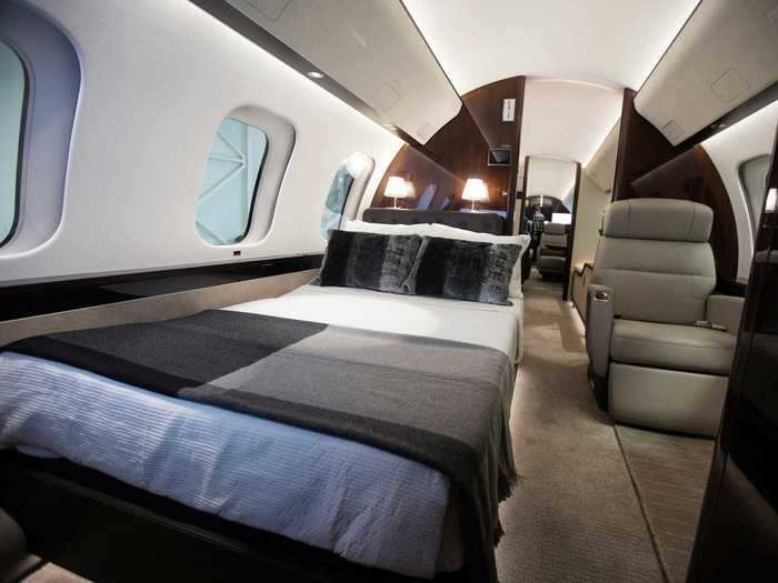 Smaller jets from Bombardier and Gulfstream are starting to feature bedrooms but the extra cabin width of the converted airliners makes for a more spacious setting. Here