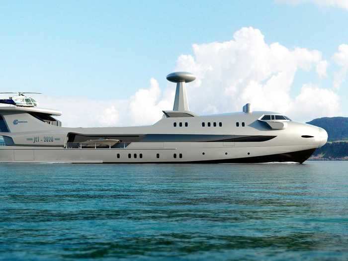 Like any luxurious yacht, the central portion has a sun deck, sunbathing pads, a covered gym, and a 19.69-foot by 6.56-foot swimming pool.