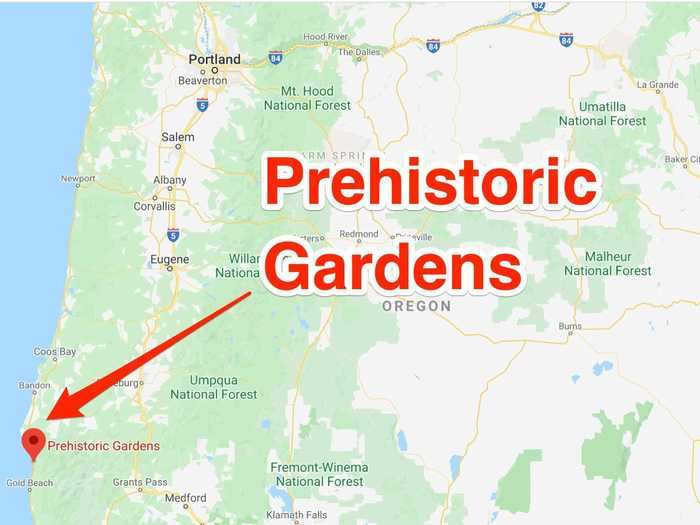 On the south coast of Oregon, just north of Gold Beach, take a stroll through a garden packed with life-size dinosaur sculptures.