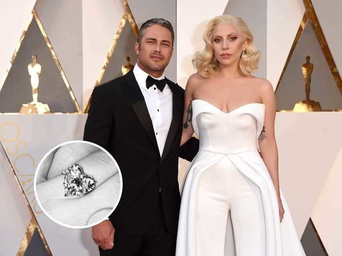 Lady Gaga never got around to saying "I do," but she did say yes to Taylor Kinney when he whipped out this 6-carat, heart-shaped diamond ring by Lorraine Schwartz.