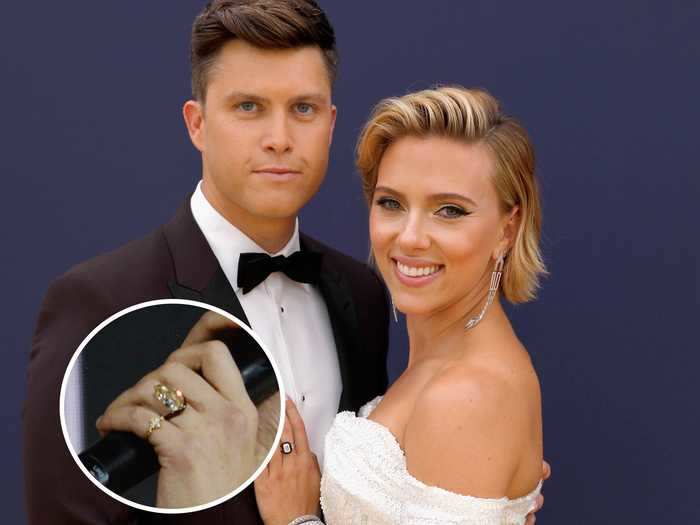 Scarlett Johansson debuted her $450,000, 11-carat engagement ring at San Diego Comic Con a few months after getting engaged to "SNL" comedian Colin Jost.