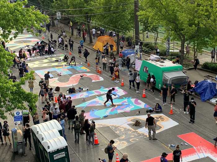 The mural was constructed near the Seattle autonomous zone, an area of the city that protesters claimed and occupied for two weeks.