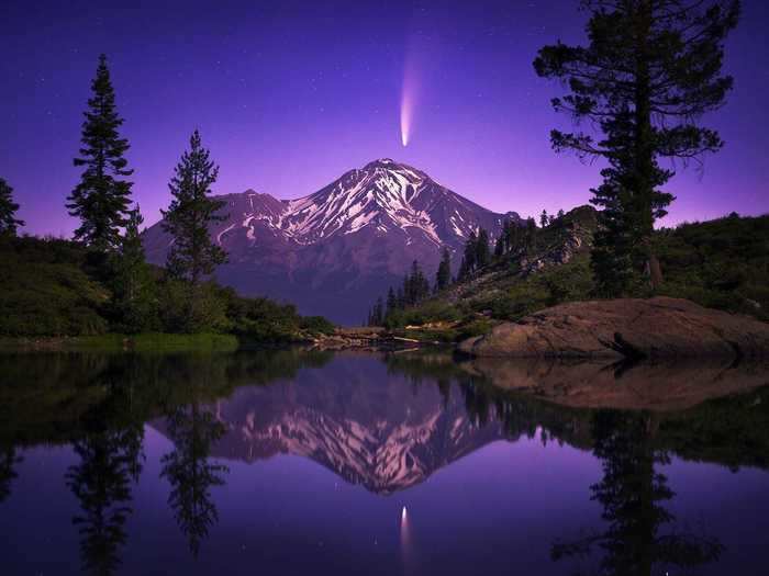 On Earth, photographer Jesse Smith stayed up all night to capture the comet over Mt. Shasta.