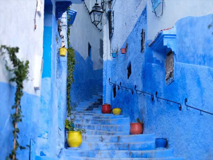 Old Town in Chefchaouen, Morocco, is completely painted in a soothing blue.