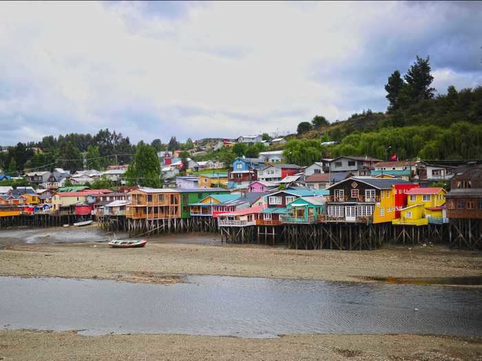 The town of Ancud on Chiloé Island in Chile has colorful homes that line the water