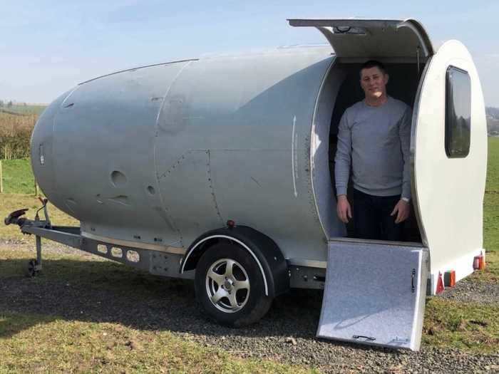 Stay-at-home dad Steve Jones transformed a hollowed-out jet engine into a camper trailer for his family in Lancashire, England.