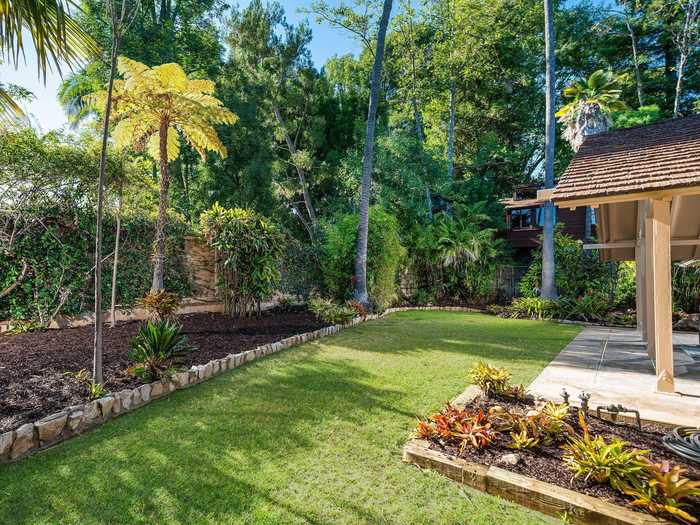 Outside, the house is surrounded by lush vegetation and exotic plants.