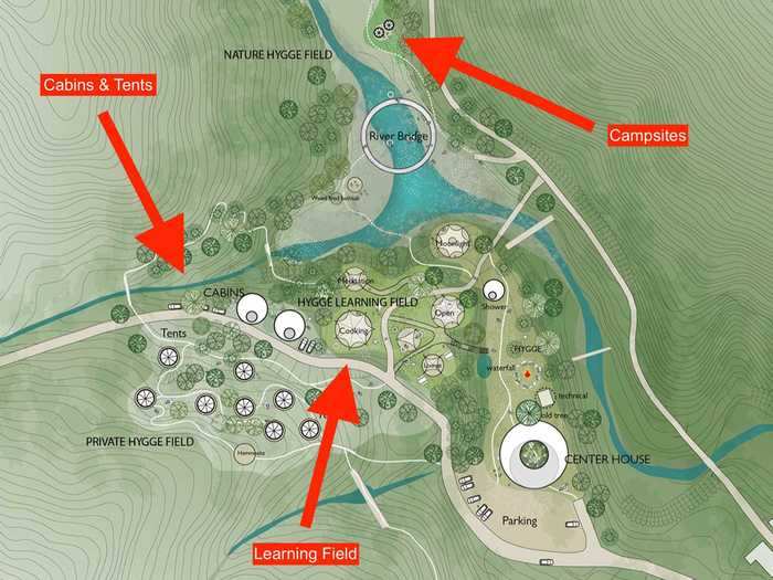 The park will consist of three distinct areas. The first: an overnight zone with reservable cabins and Nordisk-brand glamping tents. Adjacent to the overnight field will be a 