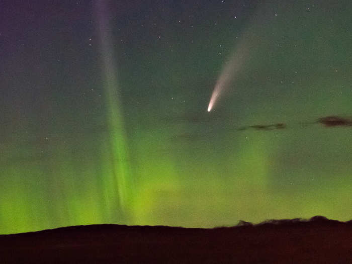 Comet NEOWISE seen alongside the northern lights in Albert, Canada