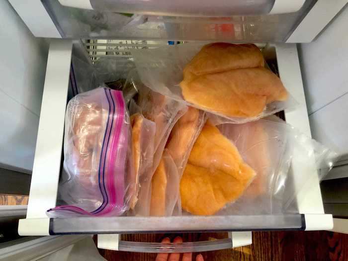 I always like to have some protein to fall back on, so I make sure I have chicken breast in the freezer at all times.