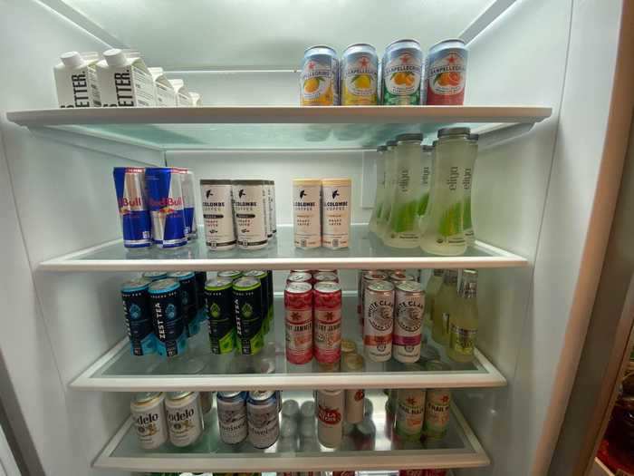 Premium beverages are also on offer in the refrigerator, including boxed water.