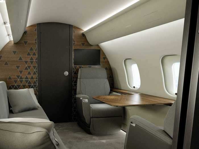 Individual aircraft owners tend to prefer this configuration as it acts almost like a private office while also offering the couch as a bed.