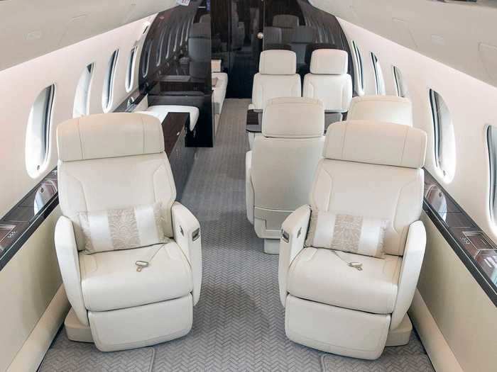 The jet features the new Nuage seat offered by Bombardier that uses a new tilt system to offer a deep recline. It can also go fully flat for sleeping and rotate to different angles.