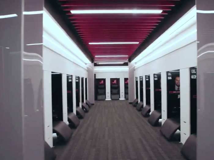 The lockers are set back in their own nooks to give players a semblance of privacy within their shared space.