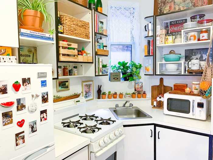 Cibran removed the cabinet doors in her kitchen to create an open-concept space.