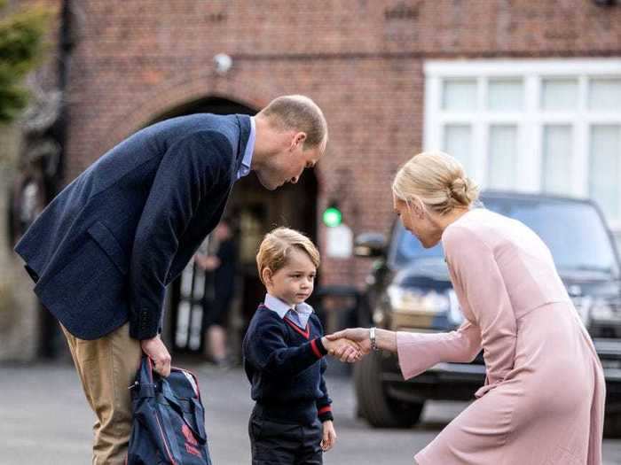 2017: Prince William dropped off George for his first day of school on September 7. The little prince looked rather nervous to be enrolling at Thomas