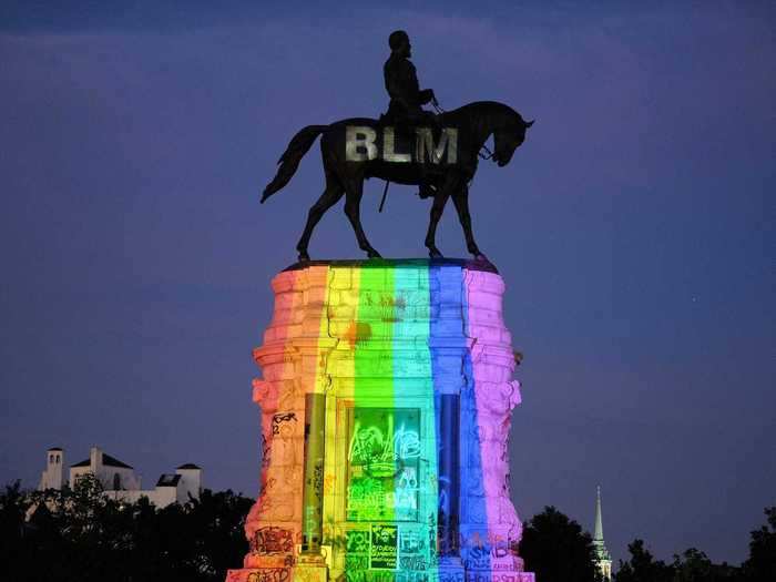 The statue was also used to show support for the LBGTQ community by displaying a rainbow flag during Pride month.