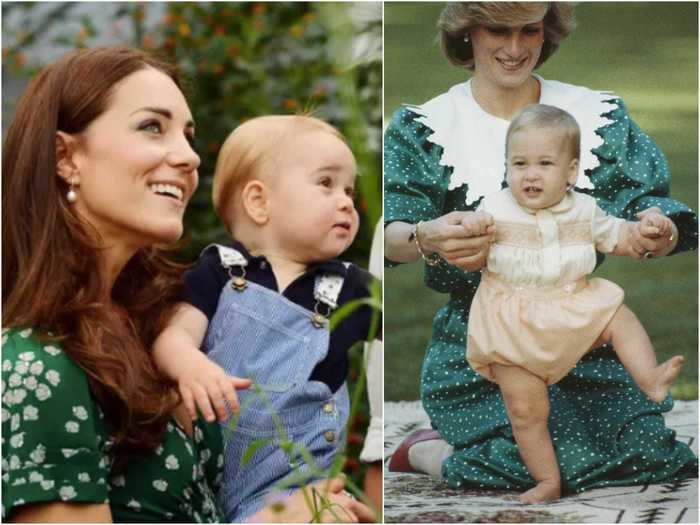 Age 1: This official photo of George with his mom Kate Middleton, released to mark his first birthday in 2014, shows he