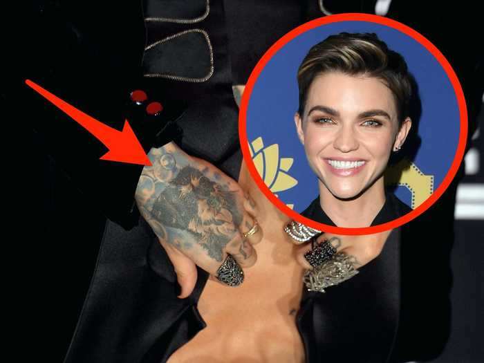 Ruby Rose has her dog, Bubbles, tattooed on her hand, surrounded by bubbles, obviously.