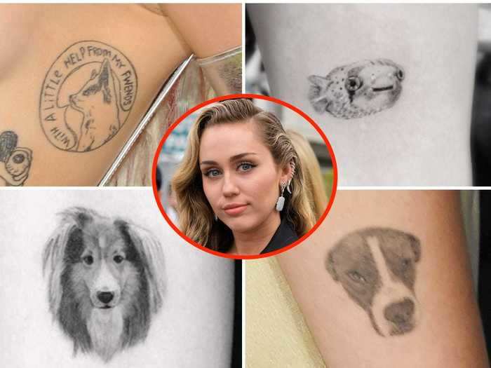 Miley Cyrus has a portrait of her late dog, Floyd, inked on her bicep, and of her late blowfish, Pablow. She also has tats dedicated to her dogs Emu and Mary Jane.