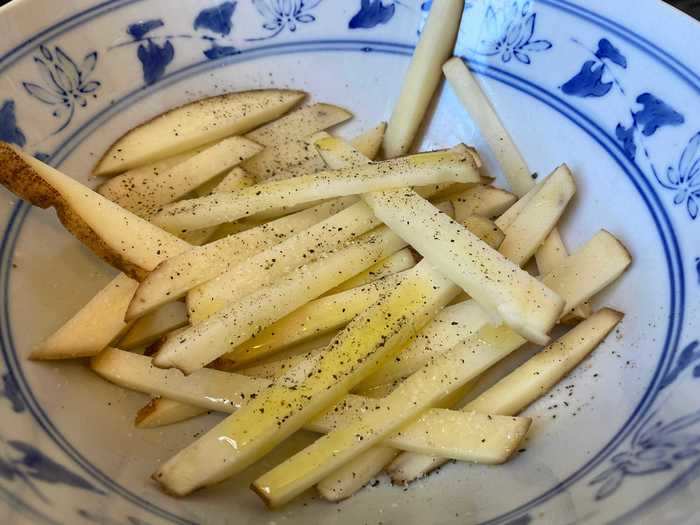 Next, I rinsed the potatoes in cold water to remove excess starch.