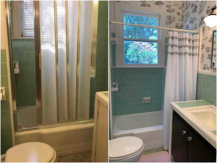 They kept the original tile tub and sink in the upstairs bathroom, and just repainted and wallpapered the space.