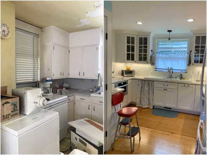 The kitchen had a washing machine sitting in the middle of the floor, pictured left, and wasn