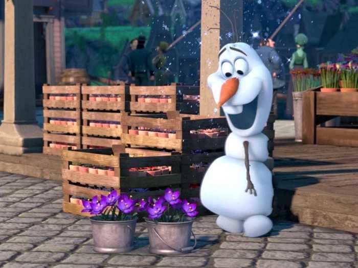 When Olaf "dies," his snow is gathered by Gale and dotted with purple flowers.