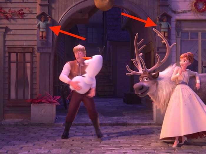 Now onto some fun Easter eggs. When Kristoff is singing in "Some Things Never Change," you can briefly see little statues made in the likeness of two Disney animators.