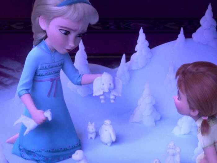 In the opening flashback, Anna and Elsa are playing with small snow figurines, including a little Dumbo.