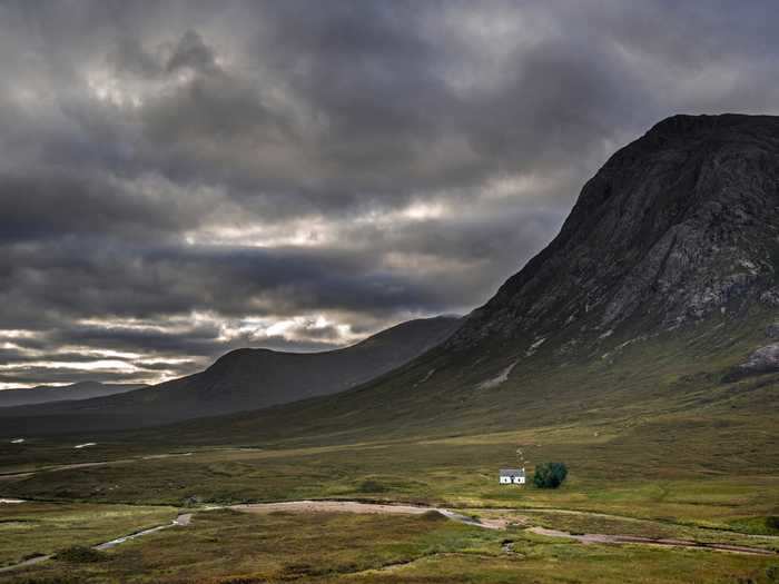 The Lagangarbh Hut is the only building to be found near the mountain Buachaille Etive Mòr in the Scottish Highlands.