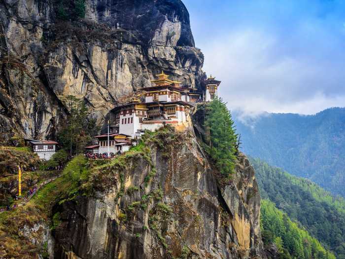 The Paro Taktsang Monastery is tucked away on a rock face in Bhutan