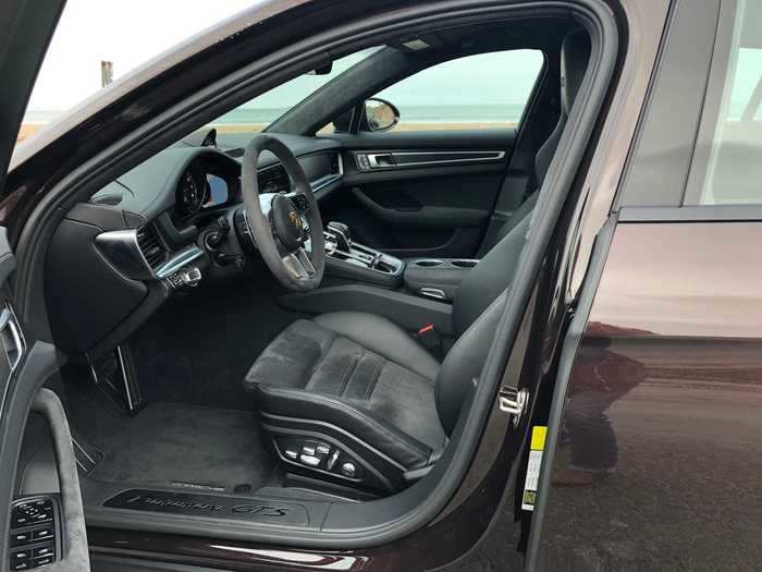 The interior of my Panamera GTS Sport Turismo was a combo of leather and Alcantara, all in black. Severe! Purposeful! A study in not overdoing it. The dark grained wood and brushed metal trim were epic in their restraint.