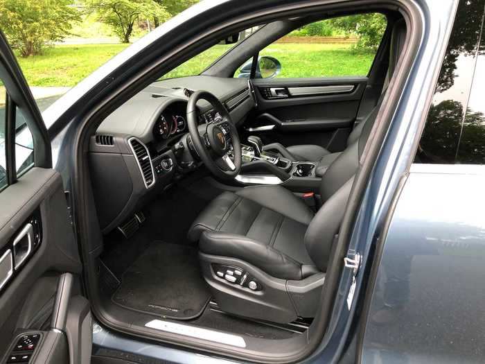 The all-black leather interior is lovely, but also purposeful, in the way Porsche interiors often are. The Cayenne is a good-sized SUV, so rear legroom is pretty capacious.