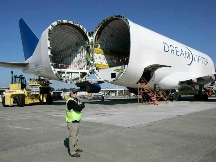 Aircraft parts are loaded through a special hinged tail door.