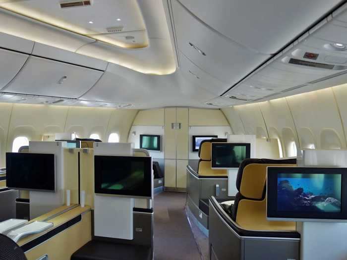 With no more bars and lounges taking up space, the nose section typically features first or business class seating,